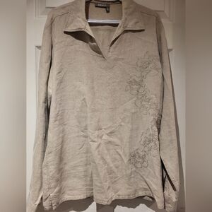 100% Linen Women's Beige Embroidered Blouse